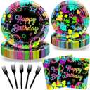 Avezano 96 PCS Neon Birthday Party Decorations Glow Neon Happy Birthday Plates Napkins Tableware Glow in the Dark Party Supplies, Serves 24