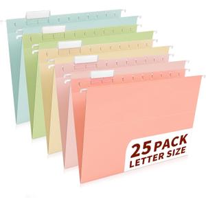 25-Pack Pastel Hanging File Folders, Letter Size (8.5"x11") with 1/ 5-Cut Tabs, 25 Transparent Label Cards, 25 Sticker Labels–Home Office & Filing Cabinets