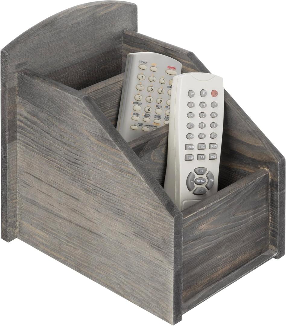 MyGift Rustic Dark Gray Wood Remote Control Holder Organizer Caddy with 3 Compartments, TV & Media Remote Storage Box for Living Room