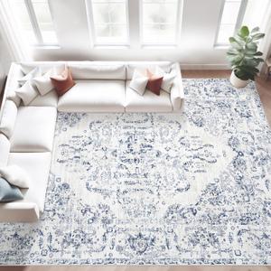 9x12 Area Rugs for Living Room: Washable Rug Vintage Large Rugs Soft Non Slip Low Pile Rug Floral Distressed Floor Carpet for Bedroom Dining Room Home Office (Blue,9'x12')