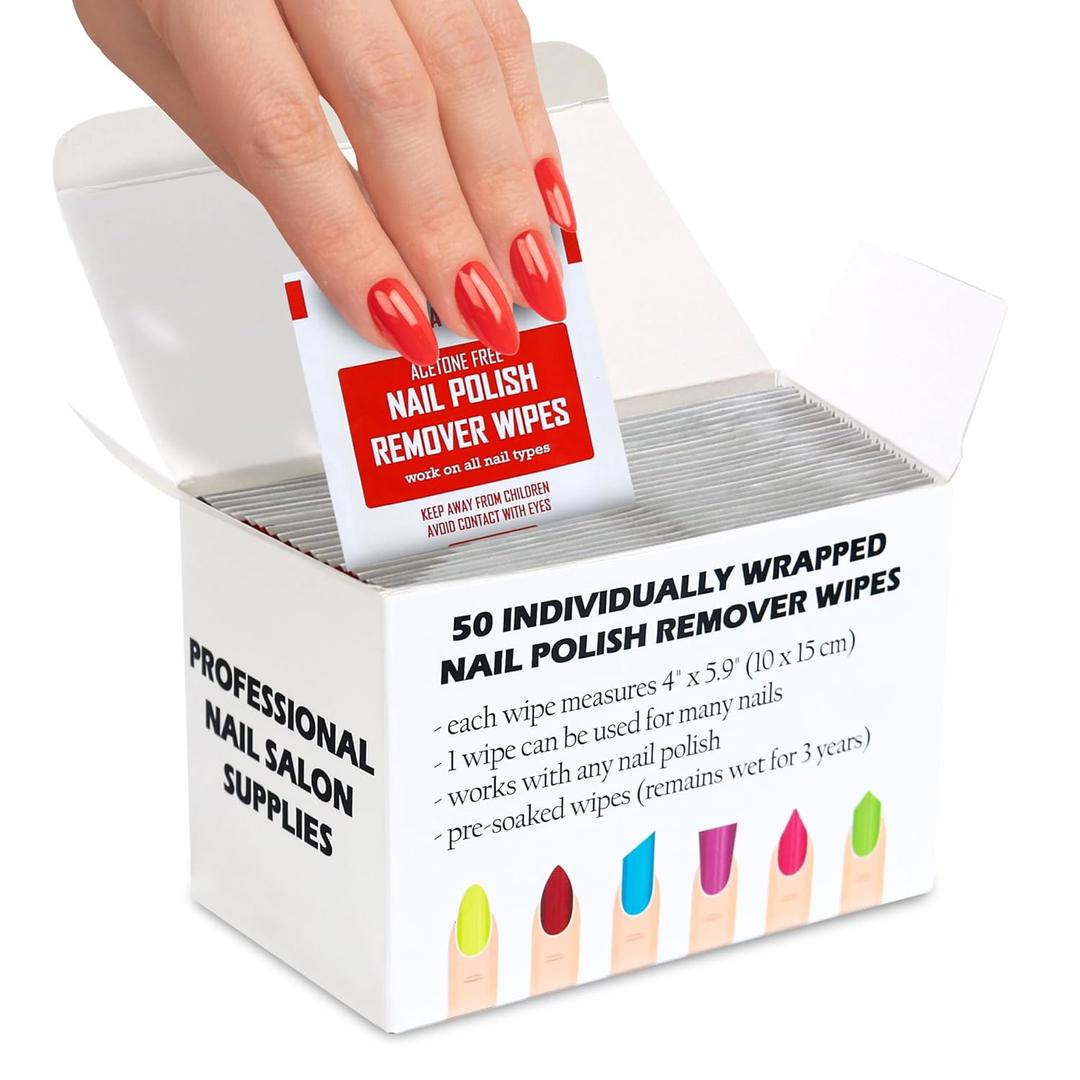 Nail Polish Remover Pads - 100% Non-Acetone - 50 Pack Bulk Set - Individually Wrapped - Quick Nail Polish Remover Wipes - Fingernail Travel Kit to Clear Nail Polish for Home & Professional Removal