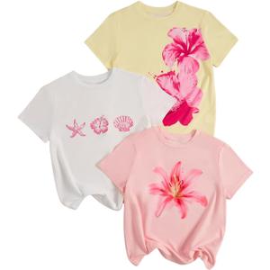 RoseSeek Girl's Shirts 3 Packs Star Butterfly Graphic Tees Crew Neck Short Sleeve T Shirt Casual Tops (White)
