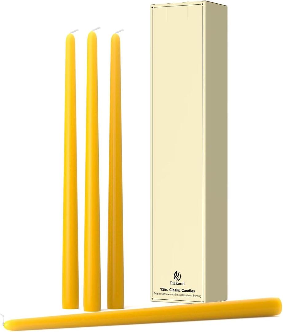 12-Inch Tall Dripless Taper Candles Set of 4 - Lemon Yellow Tapered Candles, Perfect for Spring - Smokeless, Unscented, Long Burning - Hand Poured, Colored Tall Candlesticks - Lenmon