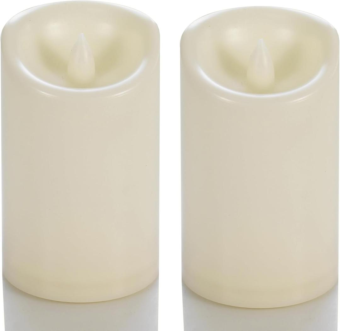 CANDLE CHOICE Waterproof Outdoor Battery Operated Flameless Candles with Timer Flickering Plastic Resin Electric LED Pillar Lights for Lantern Patio Garden Wedding Party Decorations 3x5 Inches 2 Pack (Cream White)