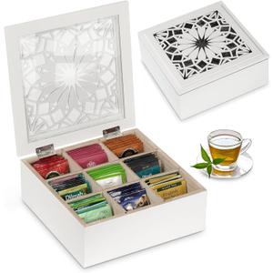 handrong Tea Box Tea Bag Organizer Wooden Tea Bag Holder Modern Tea Chest with 9 Compartments and Glass Cover for Home Tea Parties and Gift (White)