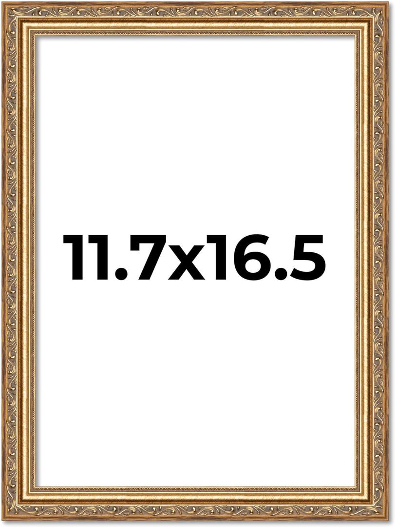 A3 11.7x16.5 Antique Gold Picture Frame - Traditional Wood Photo Frame Complete with UV Acrylic, Foam Board Backing & Hanging Hardware