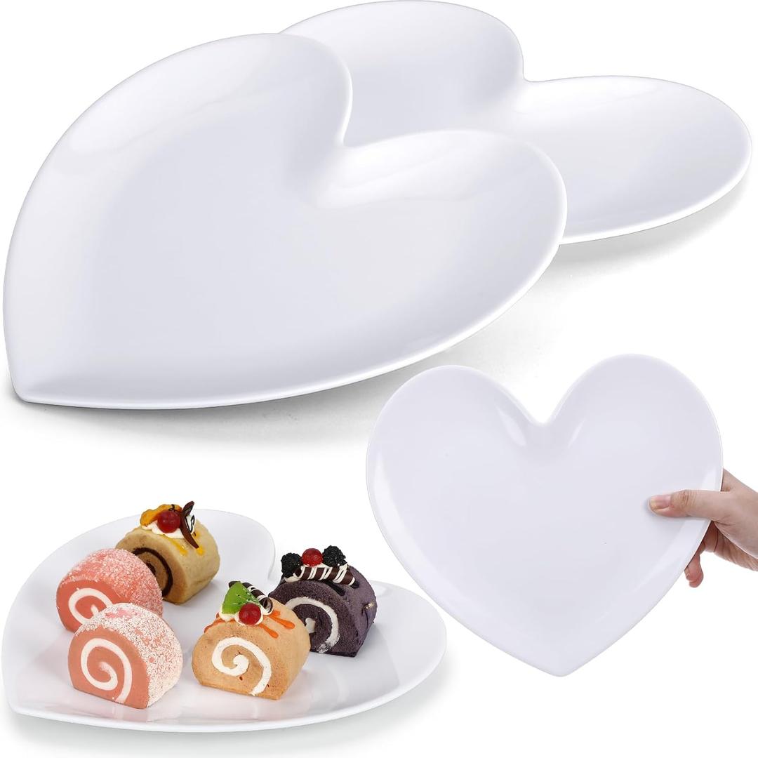 Nuogo 2 Pcs 11" Heart Shaped Melamine Plates Large Valentine's Plates Unbreakable Heart Dessert Dinner Charger Salad Serving Charger for Valentine's Party Anniversary Dating Wedding (White)