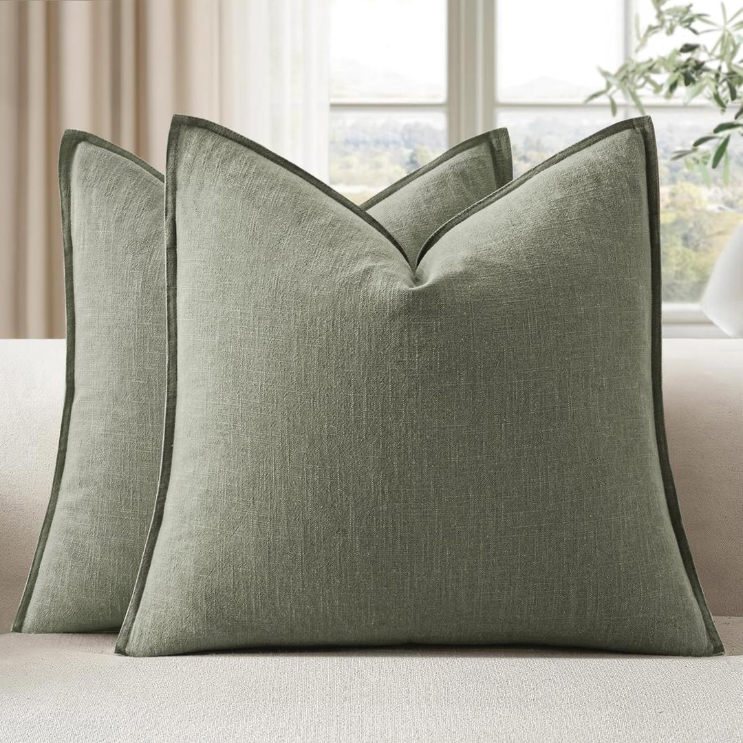 EMEMA Throw Pillow Covers Decorative Linen Pillow Covers 22x22 Inch Light Olive Green Boho Farmhouse Neutral Couch Throw Pillows for Bed Pack of 2 Accent Pillowcase Modern Sofa Cushion Livingroom Home