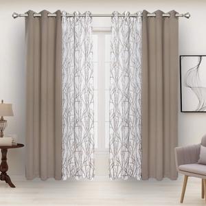 BONZER Mix and Match Curtains - 2 Pieces Branch Print Sheer Curtains and 2 Pieces Blackout Curtains for Bedroom Living Room Grommet Window Drapes, 37x63 Inch/Panel, Taupe, Set of 4 Panels