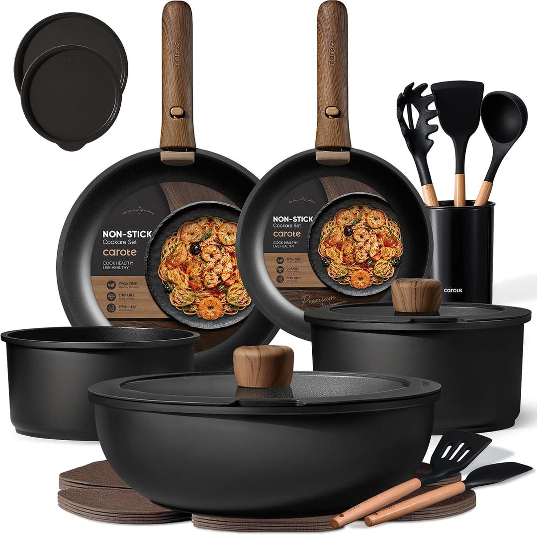 CAROTE 21pcs Pots and Pans Set Non Stick, Detachable Handle Cookware, Black, 19 Piece