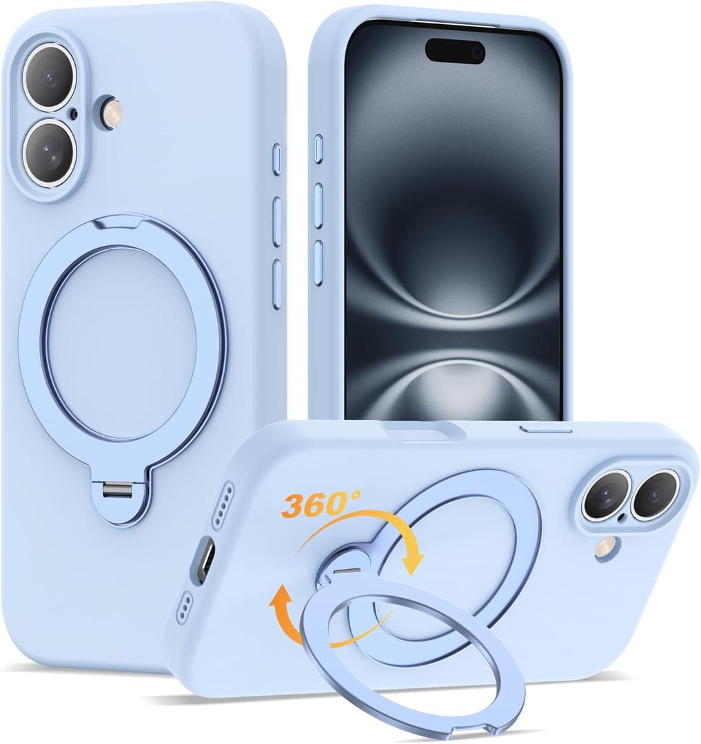Compatible with iPhone 16 Case 6.3'' with 360 Spin Magnetic Ring Stand[Compatible with Mag-Safe] Soft Liquid Silicone 16 Case for Men Women,Blue