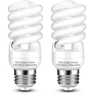 CFL Light Bulbs E26 Base, T2 Spiral 13Watt (60Watt Equivalent) Soft White 2700K 900lm Compact Fluorescent Light Bulbs, UL Approved, 120v 60Hz, Self Ballasted CFL Bulbs, Pack of 2