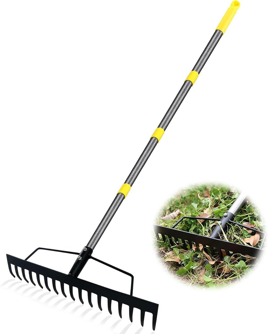 Heavy Duty Bow Rake 17 Tines Metal Rakes Garden Rake with Adjustable Handle for Leaves, Lawn, Soil, Sod - 35"-67" Telescopic Handle (Black)