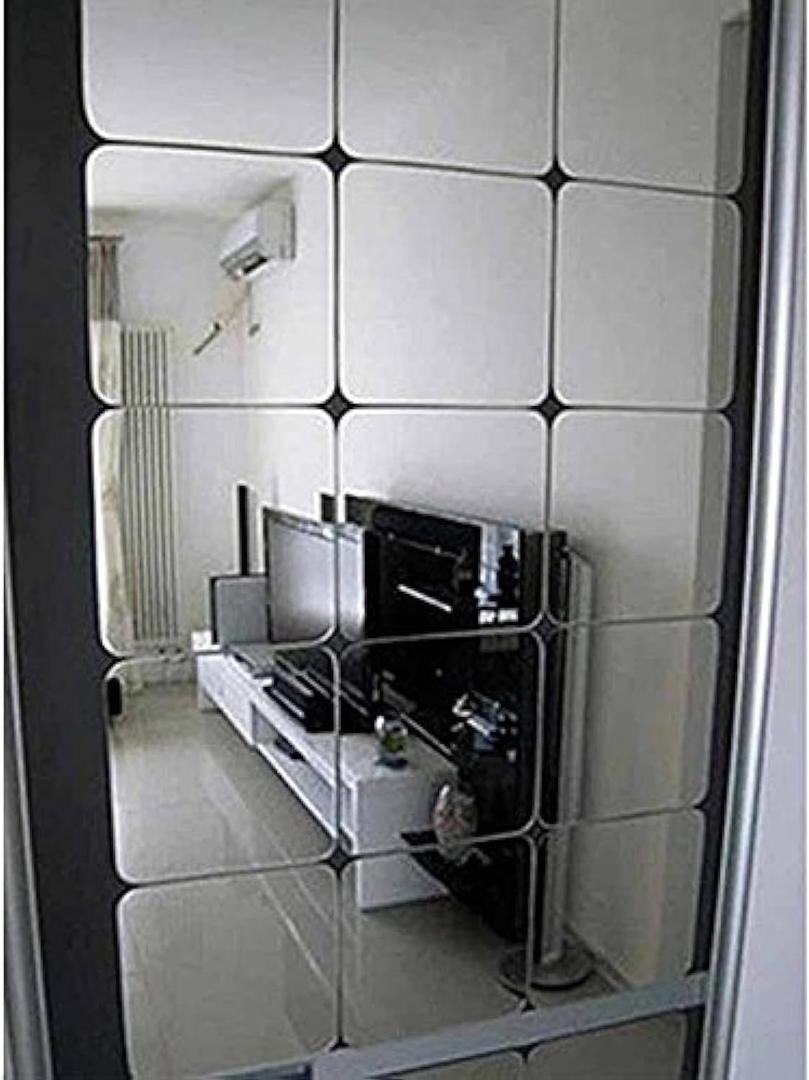 Wall Decor Sticker, H2MTOOL 12PCS Acrylic Mirror Wall Stickers 15cm Adhesive Rounded Corner for Home Decorations (Silver, 15X15cm)