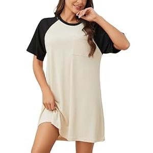 YYA Loose Nightgowns for Women Short Sleeve Sleepwear Comfy Sleep Shirt Scoopneck Nightshirt with Pocket Apricot Small