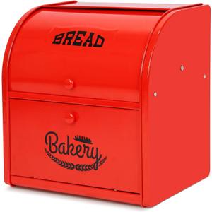 Widousy 2 Layer Metal Bread Boxes, Bread Box Storage Bin Kitchen Container with Roll Top Lid Iron Countertop Containers Metal Food Storage Bread Keeper Large Capacity Home Kitchen CounterRed