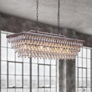 Wellmet Dining Room Crystal Chandelier, 40 Inch Antique Silver Rectangle Chandeliers 7 Lights 4 Tiers Farmhouse Ceiling Hanging Light, Vintage Large Light Fixtures for Kitchen Island, Living Room