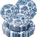 WDF 20PCS Blue Plastic Plates - Baroque White and Blue Plates - Chinoiserie Floral Party Decorations for Birthday/Tea Party/Spring (10inch 7inch, Blue Juyi Flower)