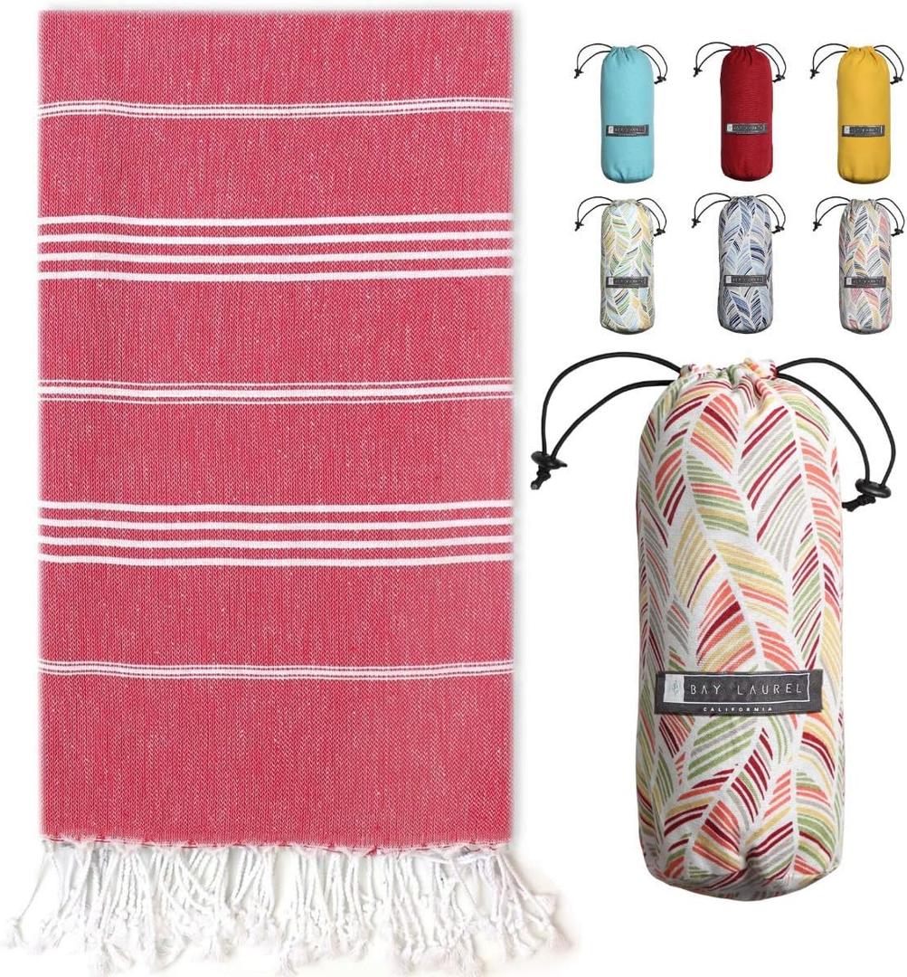 BAY LAUREL Turkish Beach Towel with Travel Bag 39 x 71 Quick Dry Sand Free Lightweight Large Oversized Towels Light (Red)