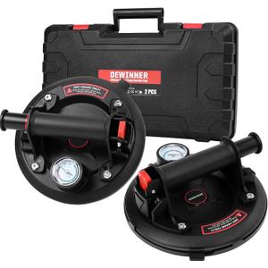 DEWINNER 2-Pack 8" Glass Suction Cups with Pressure Gauge - Heavy Duty Handheld Glass Lifter with 660 lbs Load Capacity for Tile Marble, Industrial Strength Vacuum Suction Cup Lifter