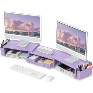 OPNICE Purple Desk Organizers and Accessories, Dual Computer Monitor Stand Riser with Drawer and 2 Pen Holders, Office Desk Accessories, Workspace Desktop Organization for Office Supplies