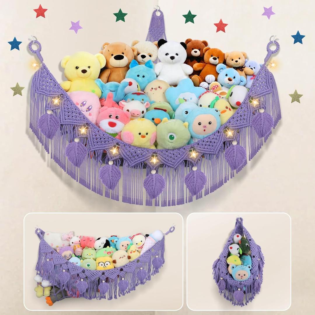 Stuffed Animal Hammock Corner - 56'' Jumbo Handcrafted 5mm Double Macrame Cord Stuffed Animal Storage Net - 100% Natural Cotton Toy Hammock Holder - Purple Stuffy Plushie Net w/LED Star Light (XX-Large Leaf Style)