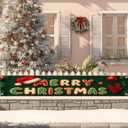 Merry Christmas Banner 118x20 Inches Green Backdrop Gingerbread Lettering Santa Hat Red Gloves Christmas Ornaments Holiday Wall Hanging Indoor Outdoor Winter Party Decoration