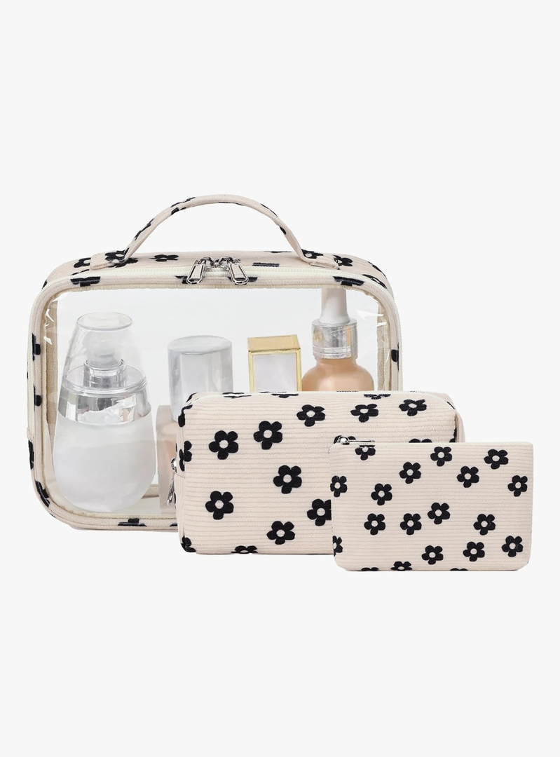 Bluboon 3Pcs Makeup Toiletry Bag for Women, Clear Packing Cubes Cosmetic Bag for Travel Women With Zipper Travel Essentials (Corduroy Floral 95)