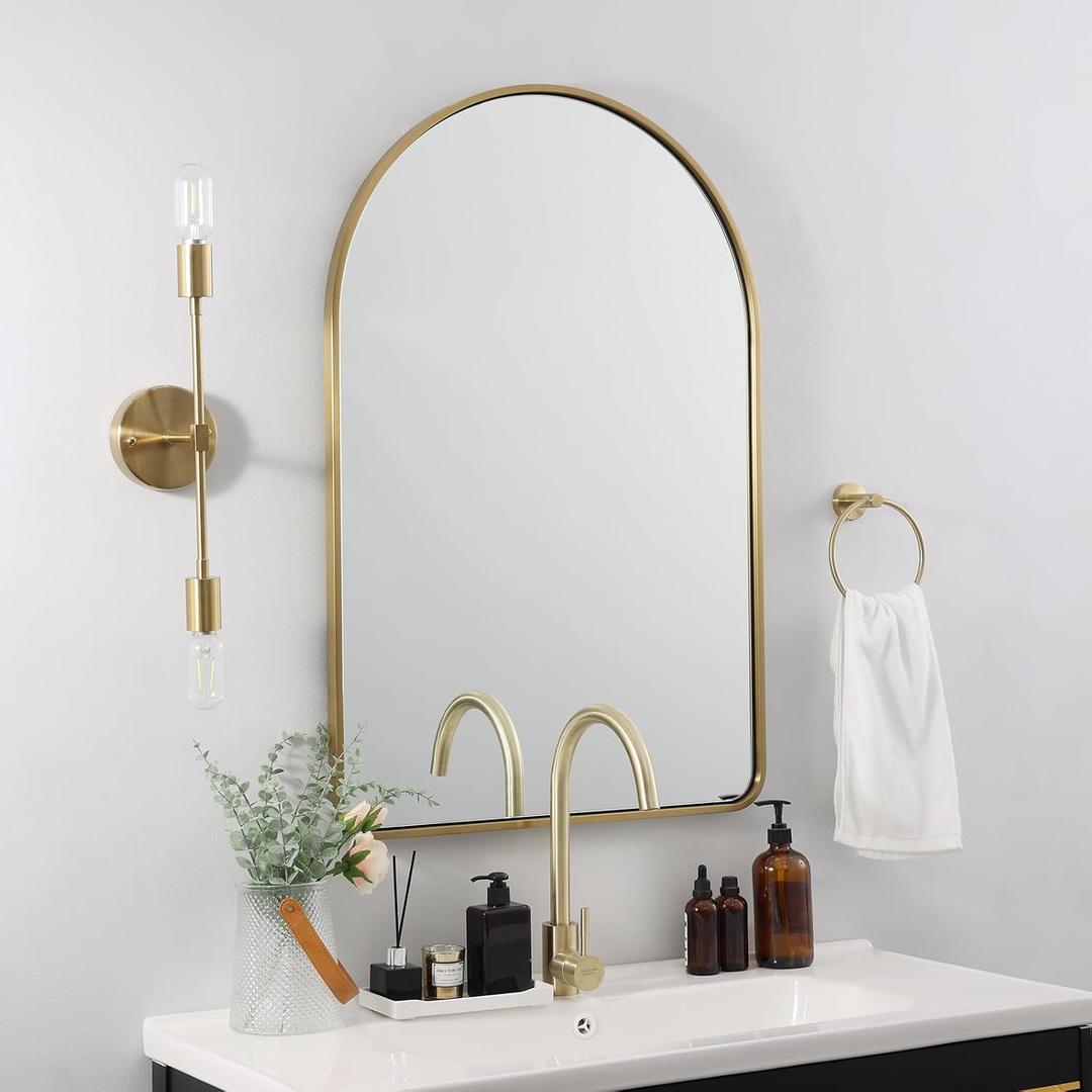 Brass Mirror Bathroom, 24x36’’ Gold Arched Mirror, Arched Bathroom Mirror, Gold Bathroom Mirror Metal Framed, SUS304-Anti-Rust, Tube Frame, 1’’ Deep Set Wall Mounted Vertical