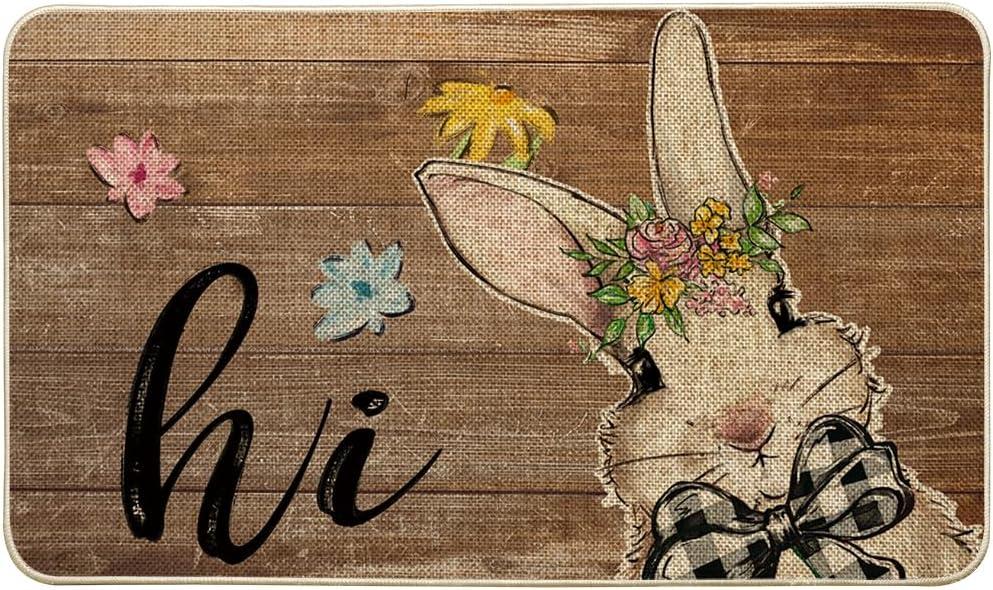 Artoid Mode Rabbit Bunny Flowers Hi Easter Doormat, Home Decor Low-Profile Switch Rug Door Mat Floor Mat for Indoor Outdoor 17x29 Inch