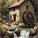 River Mill House Paint by Numbers Kit for Adults - DIY Watermill by Stream Painting on Canvas, Acrylic Paint Set, Suitable for Beginners, Home Wall Decor or Gift Idea(16X20IN Framed)