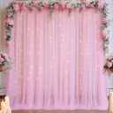 10x10ft Pink Tulle Backdrop Curtain with Lights String for Parites, Sheer Backdrop Curtains for Baby Shower Wedding Birthday Party Photo Shoot Decorations (10ft x 10ft(2 Panels 5*10ft))