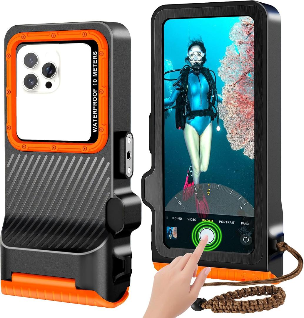 2025 Upgrade Waterproof Phone Case, Diving Snorkeling Swimming Scuba Underwater Touch Screen Photo Video Housing Cover for 16/15/14/13/12/11 Pro Max/XS/X Samsung Galaxy S25/S24/S23/S22 (Black Orange)