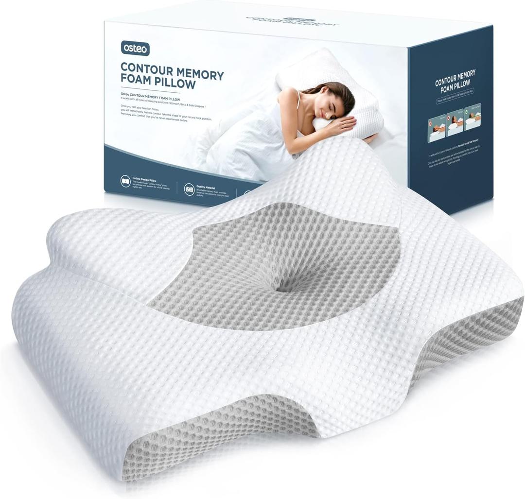 Osteo Cervical Pillow for Neck Pain Relief, Hollow Design Odorless Memory Foam Pillows with Cooling Case, Adjustable Orthopedic Bed Pillow for Sleeping, Support for Side Back Sleepers, Queen(25.5*16.5*5.2/4.1 inches)