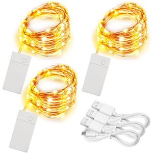 3 Pack Rechargeable String Fairy Lights 10ft 30 LED, 4 Modes Copper Wire Christmas Starry Lighting, Waterproof Micro Firefly Moon Light, Warm White, Battery and USB Cable Included
