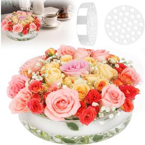 12 Inch Acrylic Flower Vase for Wedding Centerpieces Round, Circular Clear Wide Low Floral Vases with 31 Large + 18 Small Holes for Greater Than 36 inch Width Table Home Party Flower Arrangement (1 Pack(11.8in))