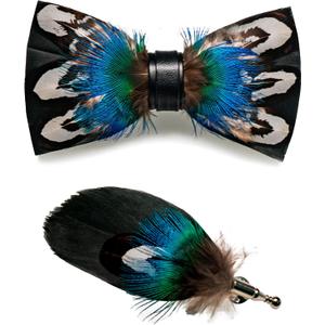 RBOCOTT Handmade Feather Pre-tied Bow tie and Brooch Sets for Men