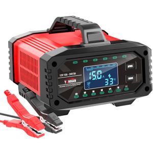 YONHAN Battery Charger 0-15A 12V/24V Adjustable Current LiFePO4 Car Battery Charger, Battery Maintainer Automatic Trickle Charger, Battery Desulfator w/Temp Compensation