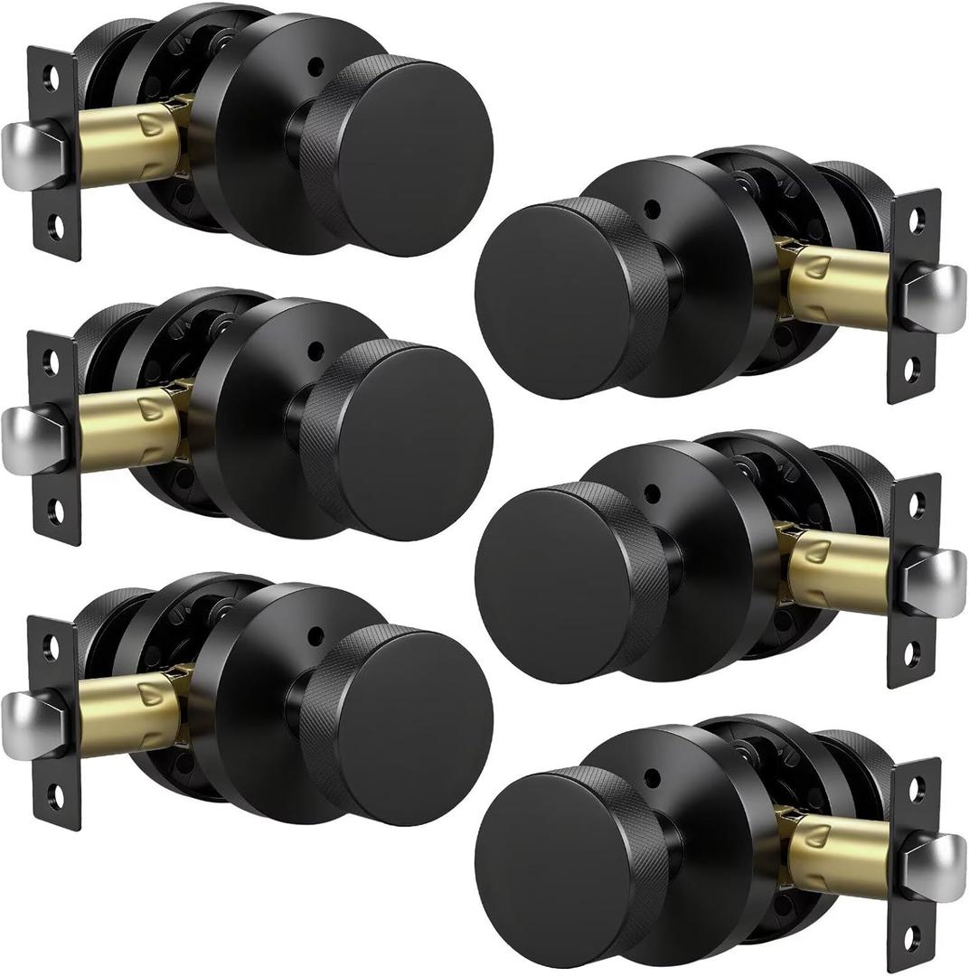 Knobonly 6 Pack Black Door Knobs Interior, Privacy Door knobs with Lock, Round Door Knobs for Bedroom and Bathroom, Matte Black Door Handles Zinc Alloy