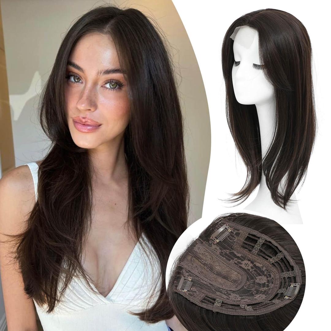 Ms Taj 18 Inch Synthetic Hair Toppers for Women with Thinning Hair - Long Layered, 6.5"X6.5" Fiber Wiglets (Brown, Black)