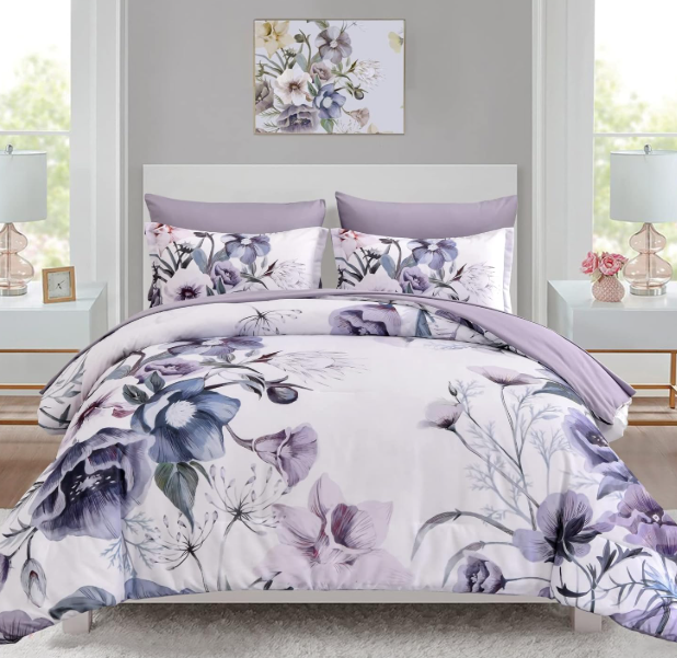 Luxudecor Floral Comforter Set Full Size 7 Piece, Purple Flower Bed in a Bag, Elegant Floral Comforter with Sheet Set, Soft Microfiber Bedding Set for All Season (Purple, 80"x90")