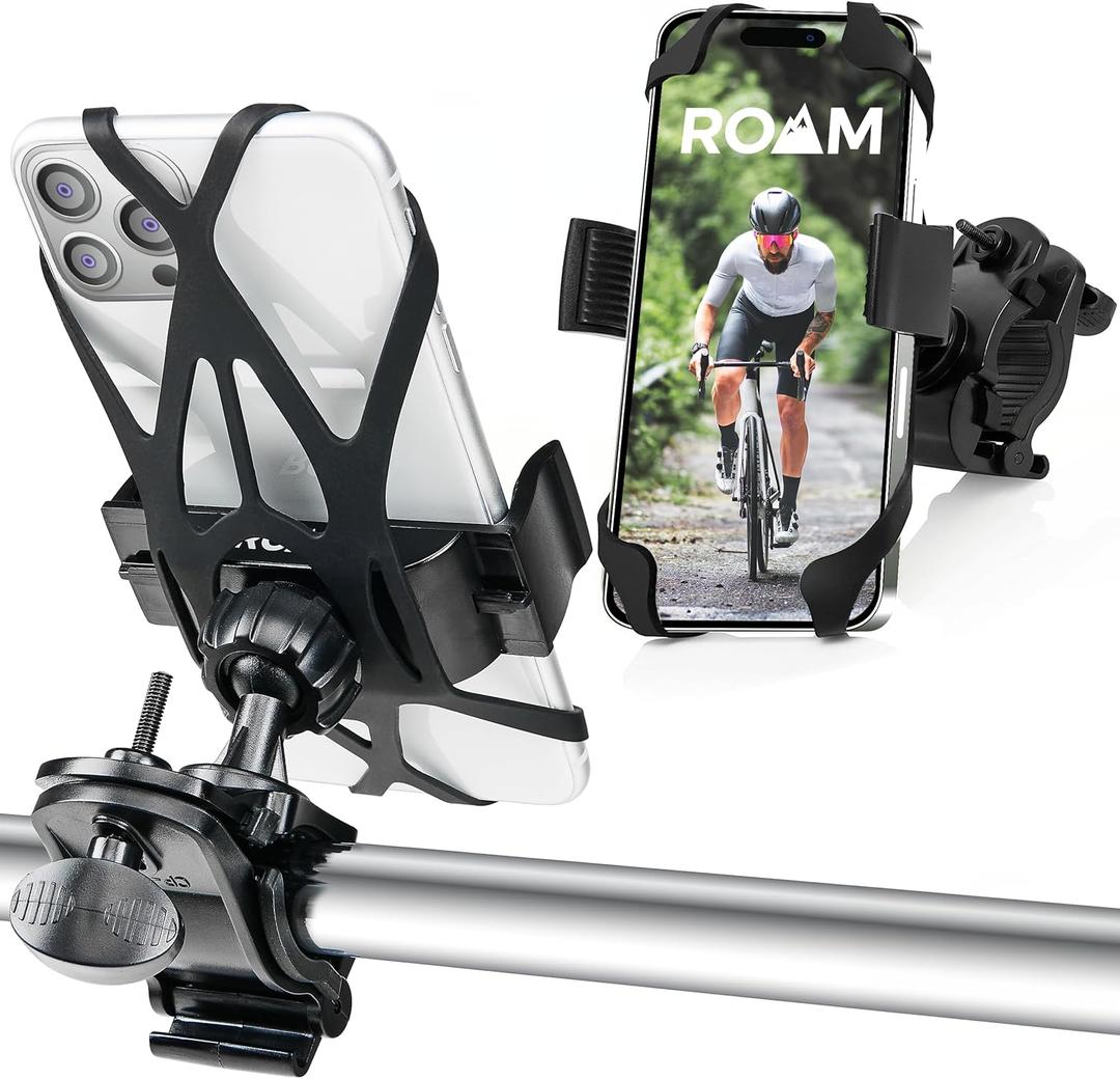 Roam Universal Black Net Bike Phone Mount Holder, 360 Rotation Hands Free Cell Navigation System for Motorcycle eBike Dirt Road Cruiser Scooter Jogging Stroller, Adjustable Up to 3.6" W x 7" L