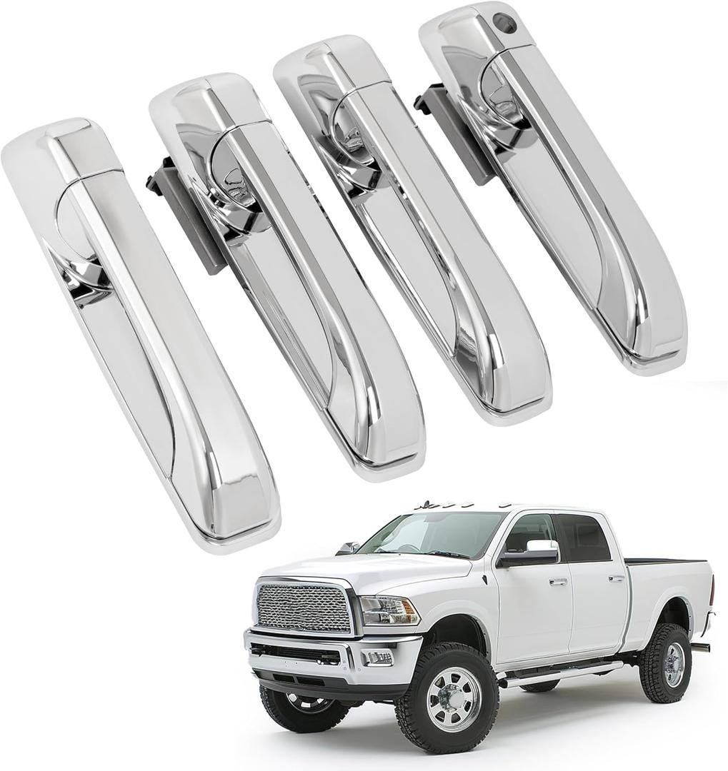 4Pcs Exterior Door Handle Compatible with 2009-2025 Dodge Ram 1500 Classic 2500 3500 Pickup Replace for 55112382AB 55112383AB 55112384AB 55112385AB Chrome Outside Handle Front Rear Left Right (Silvery - 4 Pieces)
