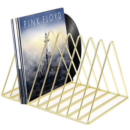 Udreamer 9 Slot Record Holder,Desktop Vinyl Record Storage Holds Up 30 LPs,Metal Magazine Holder Triangle File Holder for Office Homer, Golden