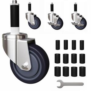 4 inch Expanding Stem Caster Set of 4, Prep Table Casters Fit 7/8" to 1-3/4" ID Tube Pipe Legs for Stainless Steel Table, Equipment Stand, Carts, Wire Shelving Racks (2 with Brakes