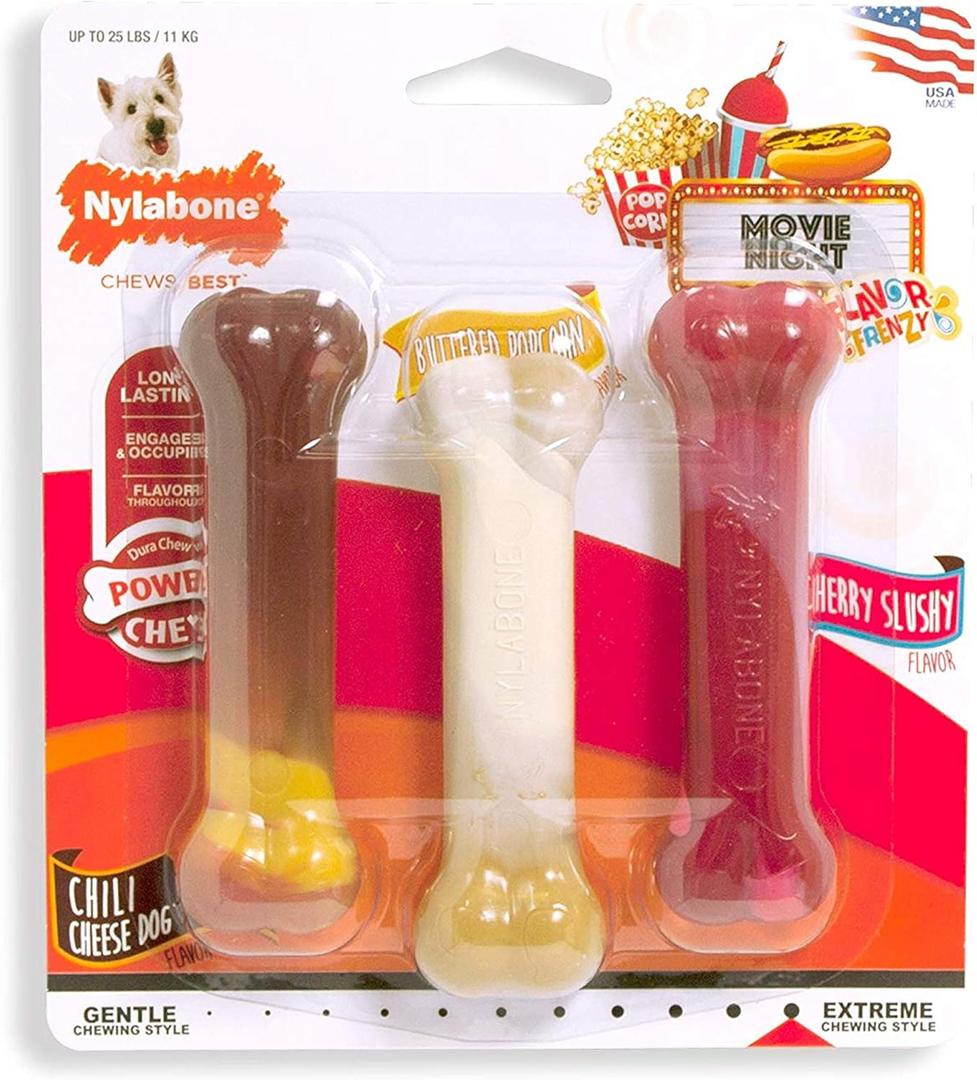 Nylabone Original Bone Power Chew Toy for Dogs, Durable Dog Toys for Aggressive Chewers, Flavor Frenzy Chili Cheese Dog, Popcorn, & Cherry, Small - Up to 25 Ibs, 3 Pack