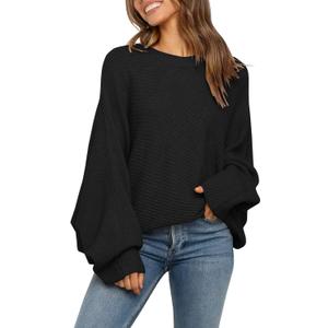 Mafulus Women's Oversized Crewneck Sweater Batwing Puff Long Sleeve Cable Slouchy Pullover Jumper Tops (X-Large, 1-black)