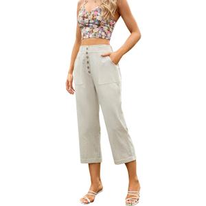 SVALIY Summer Cotton Linen Cropped Wide Leg Pants Capris Women Ladies Casual Loose Palazzo Pant Work Elastic Pocket (XX-Large, Apricot)