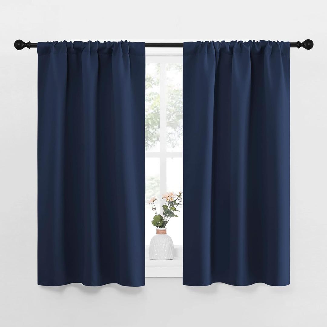 NICETOWN Kitchen Curtains, Short Blackout Curtains & Drapes, Thermal Insulated Rod Pocket Window Treatment Draperies for Nursery (Navy, 29" x 40", Set of 2)