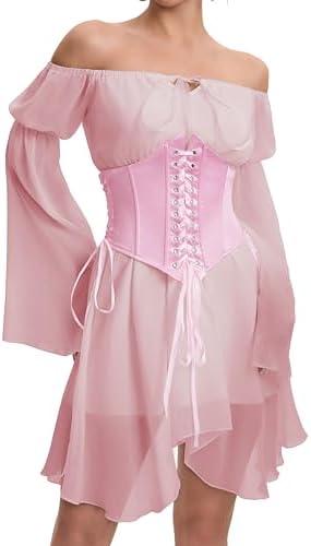 ETATNG Womens Two Piece Corset Dress Off Shoulder Bell Sleeve Summer Party Lace Up Bustier Dress S
